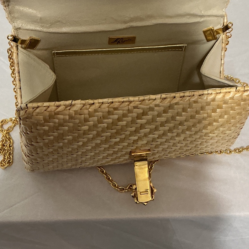 Elegant Woven Tan Clutch with Gold Vintage Koret Woven Straw Clutch Gold Chain S - Picture 3 of 4